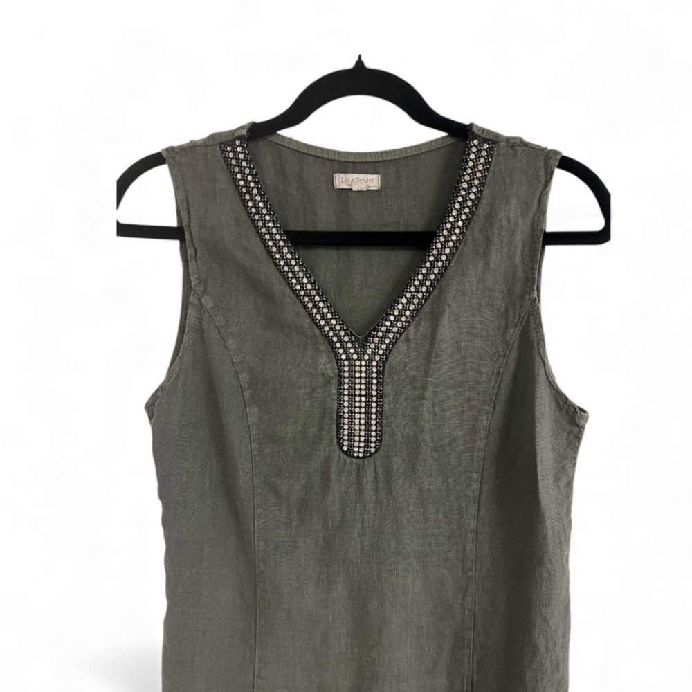 Lina Tomei Sleeveless Olive Green 100% linen Dress with Beaded Neckline - Picture 2 of 5